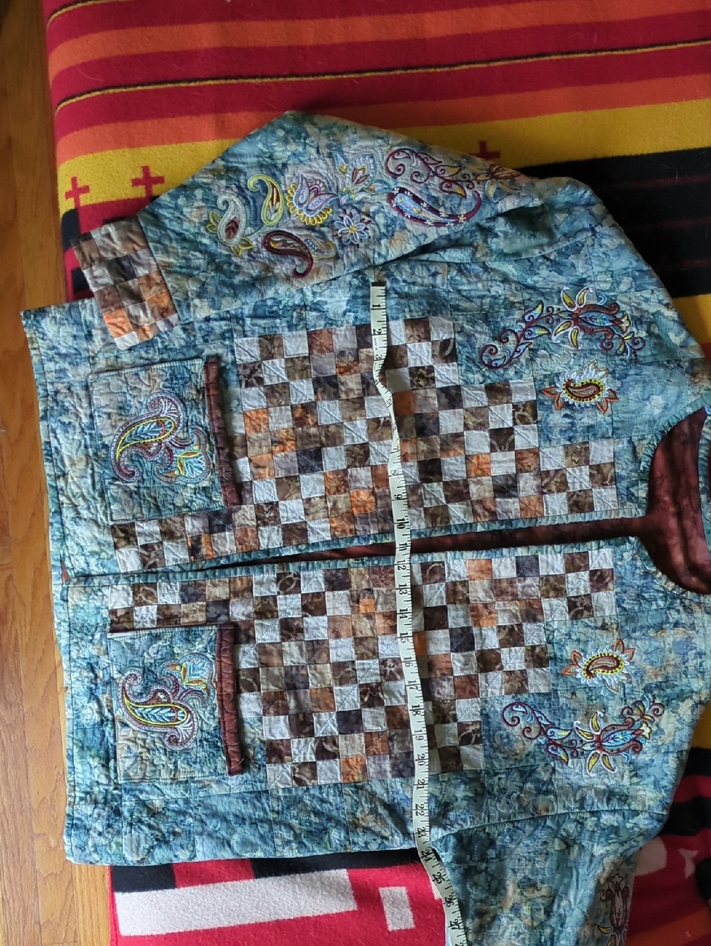 Embroidered Patchwork Quilted Jacket in Blue and Brown